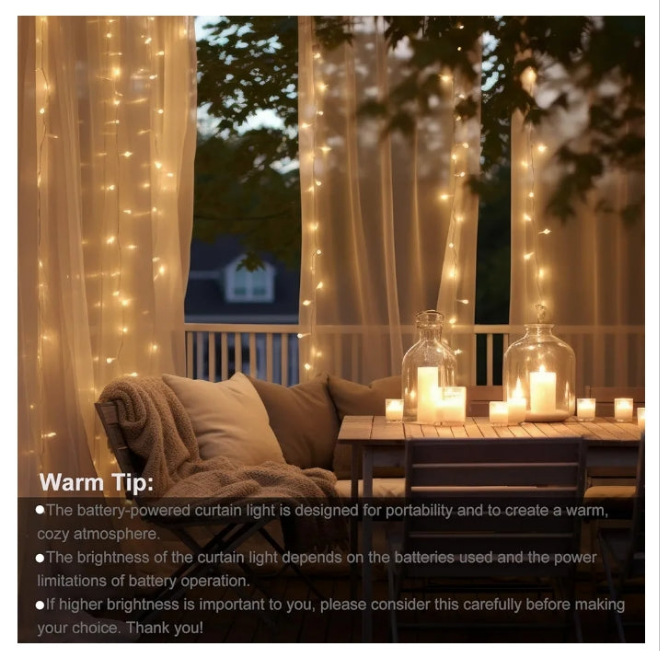 300 LED Curtain Lights Battery Operated, 9.8ft×9.8ft Hanging Lights with Remote Timer Fairy Curtain Lights for Bedroom Patio Wedding Backdrop Party Decór (Warm White)