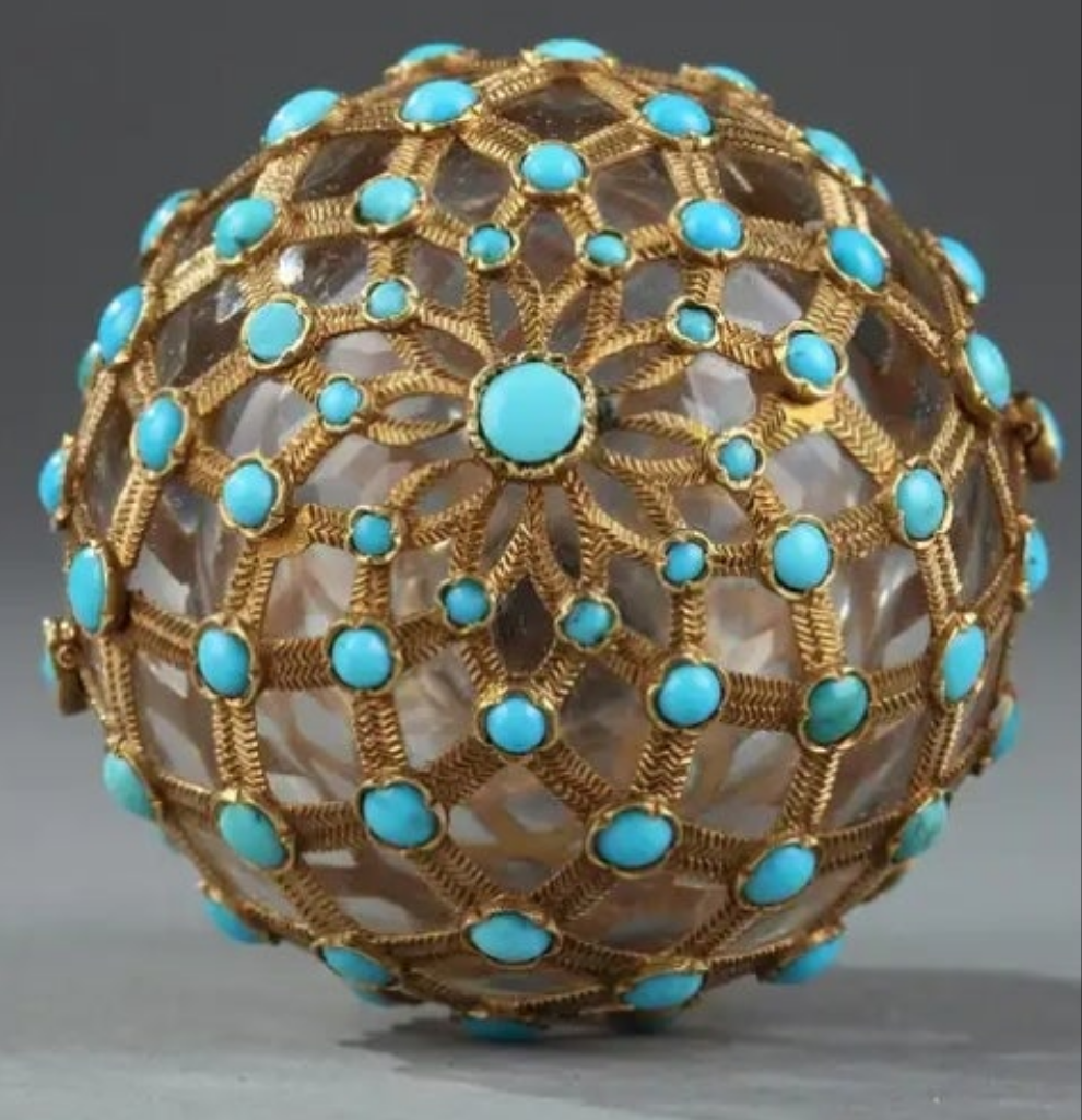 Gold, Crystal and Turquoise Perfume Flask Restauration Period 18k Gold