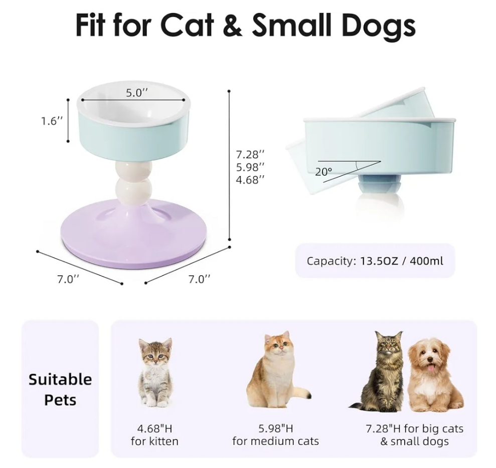 Ceramic Elevated Raised Cat Bowls,Cat Food Dish with Stand, 3 Height Adjustable Raised Dog Bowl Stand for Small Dogs Cats, Adjusts to 4.69", 5.98", 7.28"