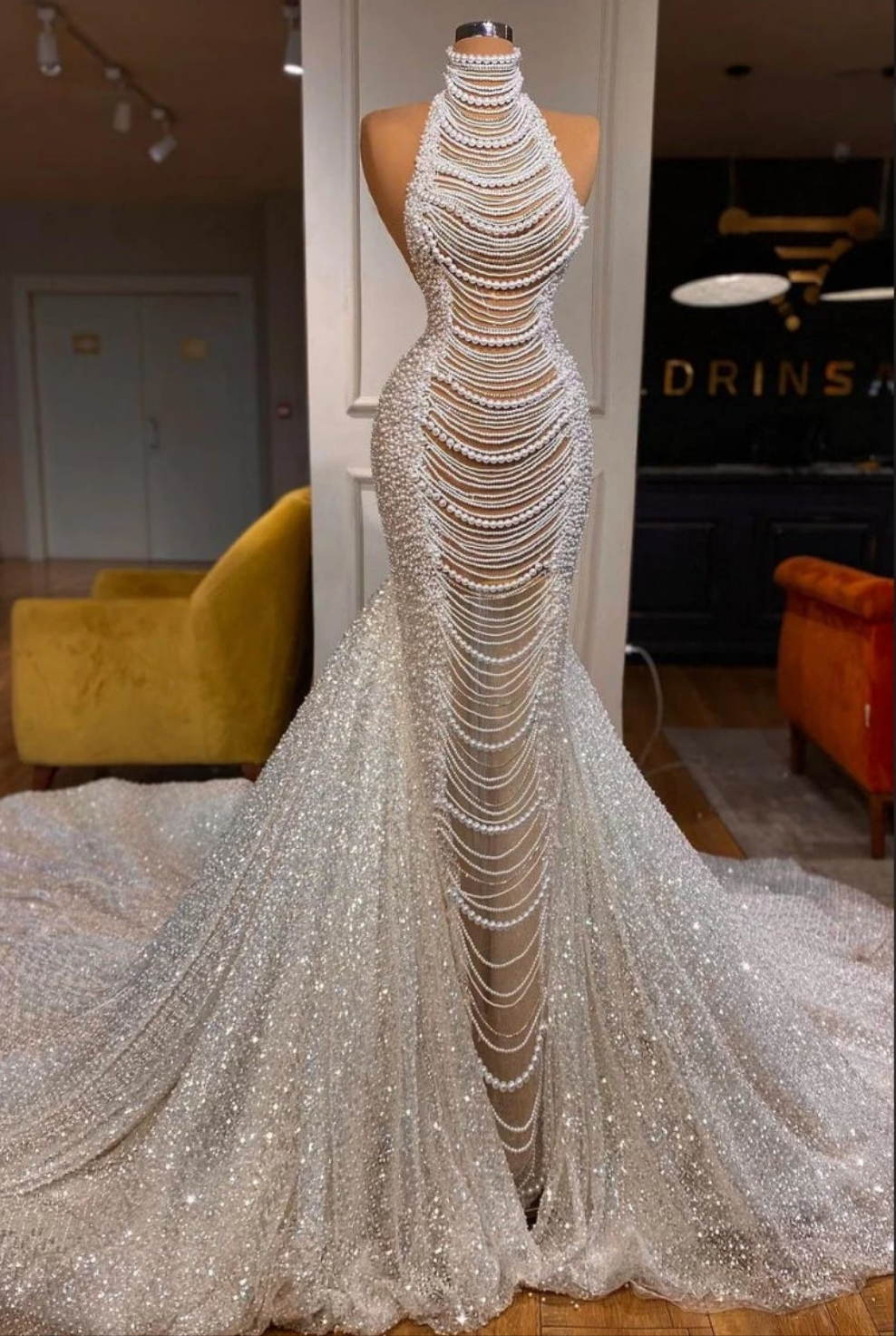 Long Mermaid Halter Beading Sleeveless Wedding Dress With Pearls
