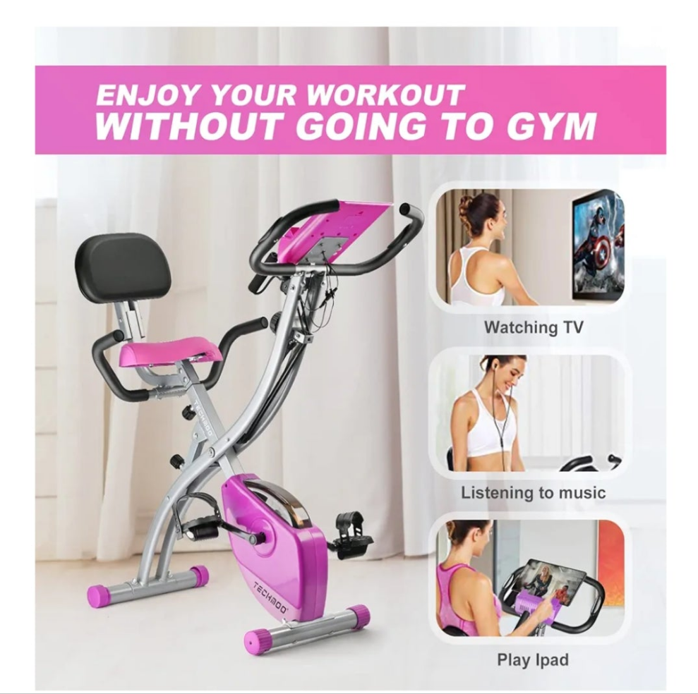 Folding Exercise Bike Portable Upright Adjustable Backrest Cycling Recumbent Stationary Bike Slim Indoor Workout Fitness Cardio Foldable Exercise Bicycle Machine with Pulse Sensor LCD Monitor Arm Resistance BandsSpecial FeaturePortable, Distance Travelled
