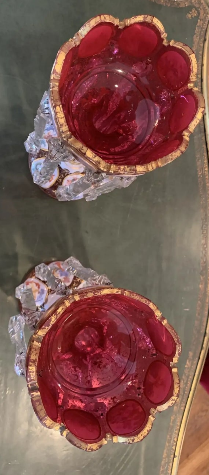 Pair of antique Moser Bohemian cranberry overlay hand painted lusters, circa 1900s cranberry glass