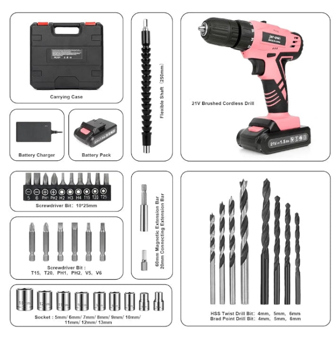 Jar-Owl 21V Pink Cordless Drill Set for Women,350 in-lb Torque, 0-1350RMP Variable Speed, 10MM 3/8'' Keyless Chuck, 18+1 Clutch, 1.5Ah Li-Ion Battery & Charger for Home DIY and Repair - Black & Pink