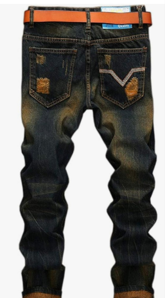 Men's Slim Fit Mid Waist Straight Leg Ripped Distressed Holes Classic Denim Patches Jeans