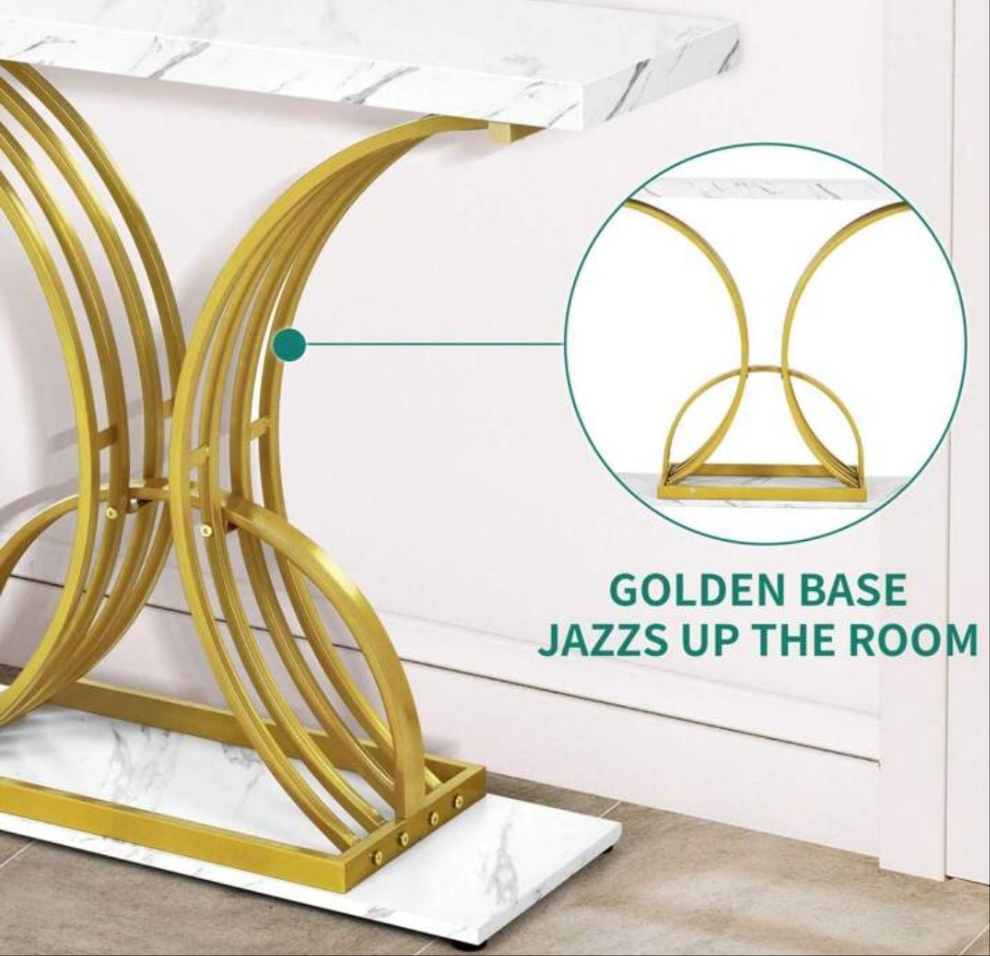 Accent Table, Versatile Console & Sofa Table With Faux Marble Top, Space-Saving Narrow Design For Entryway, Hallway, Or Living Room, White & Gold Marble stone