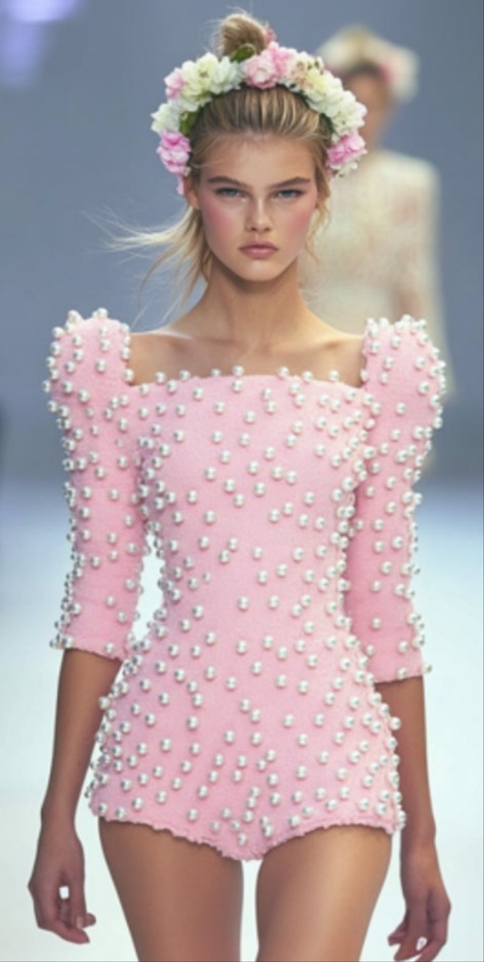 Pearls Half Sleeve Jumpsuit-Pink COCOMONEY