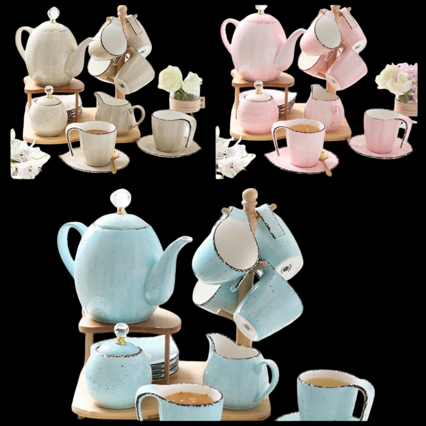 16 Piece Porcelain Ceramic Coffee Tea Gift Sets, Cups and Saucer Service of 6, Teapot, Sugar Bowl, Creamer Pitcher and Wooden Stand,Teapots