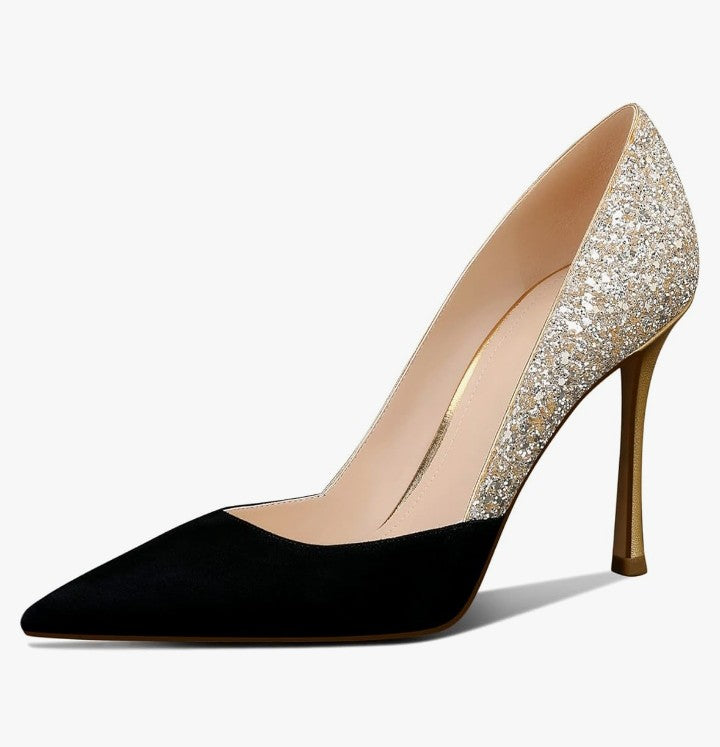 Women's Gold Classic Pointed Toe High Heels Stiletto Pumps with 3.35in Sparkly for Wedding,Party,Dress