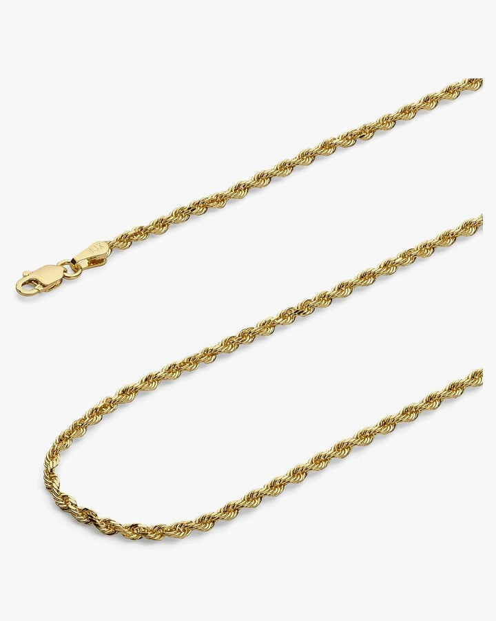 14k REAL Yellow Gold SOLID 2mm Rope Diamond Cut Chain Necklace with Lobster Claw Clasp