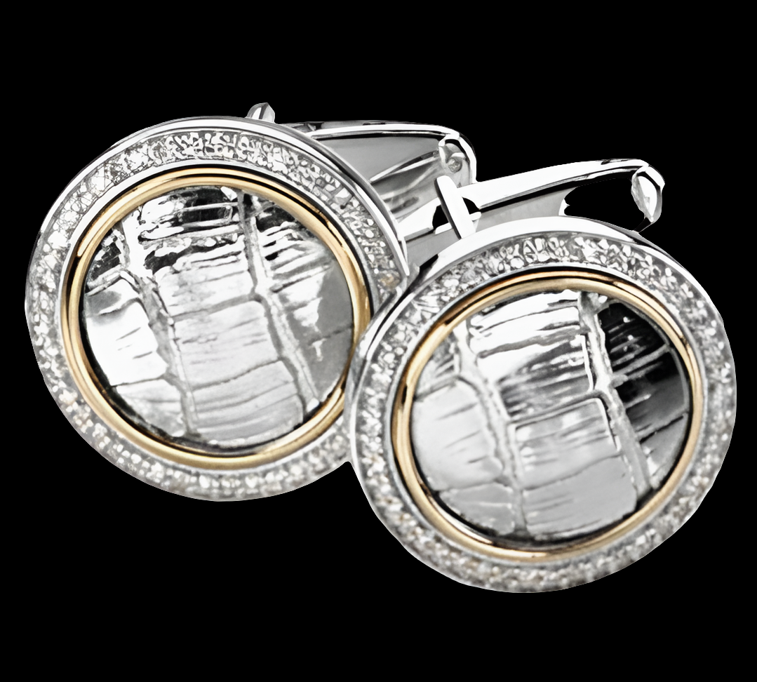 2-Tone Diamond Halo Cuff Links with Croc Pattern, Sterling Silver, 14k Yellow Gold (.50 Ctw, GH Color, Clarity I1)