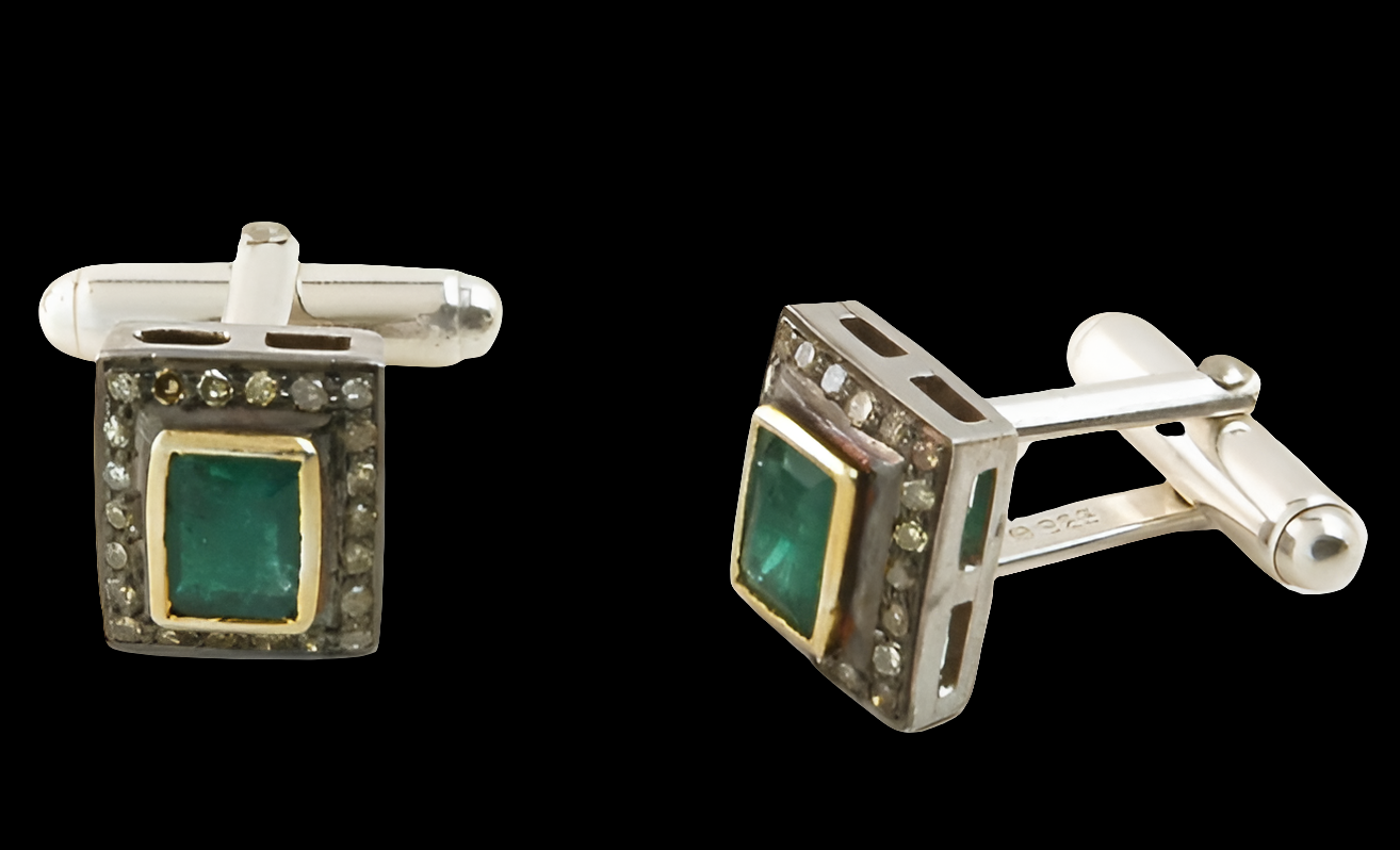 Green Emerald Gemstone Cufflinks For Men Square Shape 925 Sterling Silver – 1.85 Cts Emerald Birthstone 0.54 Carat Brown Diamond (I2-I3 Clarity) Festive Wedding Outfit Buttons For Men (2 Pieces)