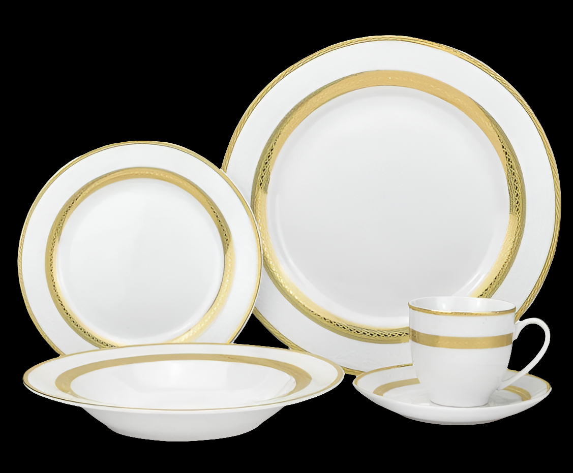 Royalty Porcelain "Queen" 20-Piece White & 24K Gold Dinnerware Set, 24K Gold-Plated Fine Porcelain, Service for 4