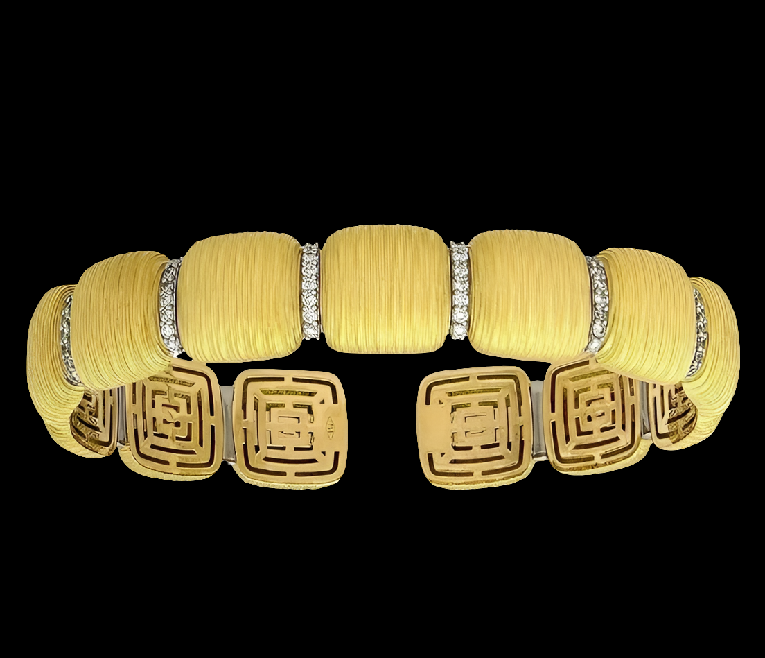 COCOMONEY 0.40 Ct Diamond 18k Yellow Gold 14mm Textured Satin Finish Fancy Style Cuff Bangle Bracelet