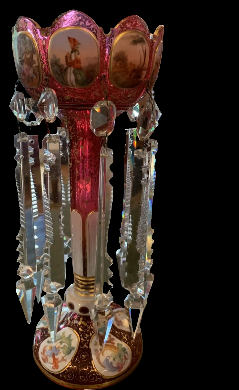 Pair of antique Moser Bohemian cranberry overlay hand painted lusters, circa 1900s cranberry glass