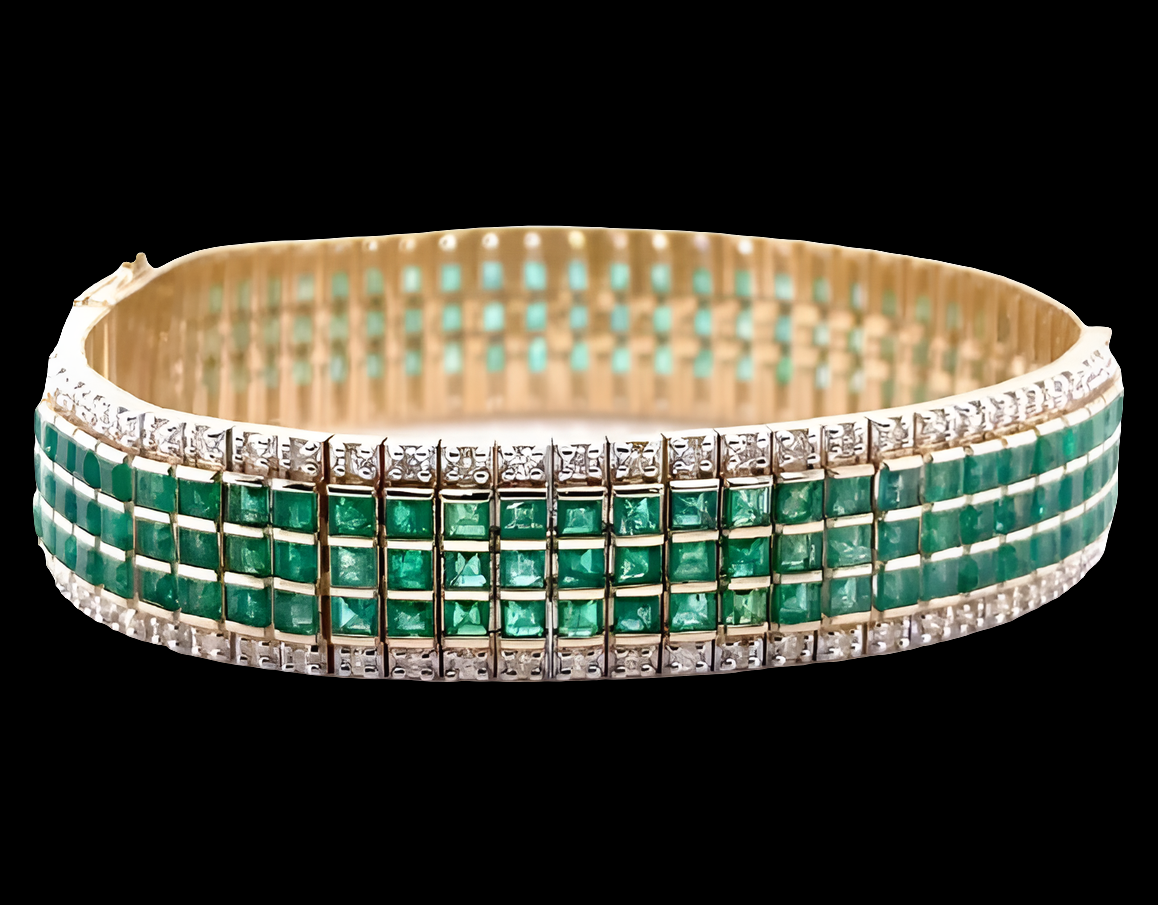 COCOMONEY 14K Gold Emerald and Diamond Tennis Bracelet, Emeralds 13.65 ct, Diamonds 2.64 ct