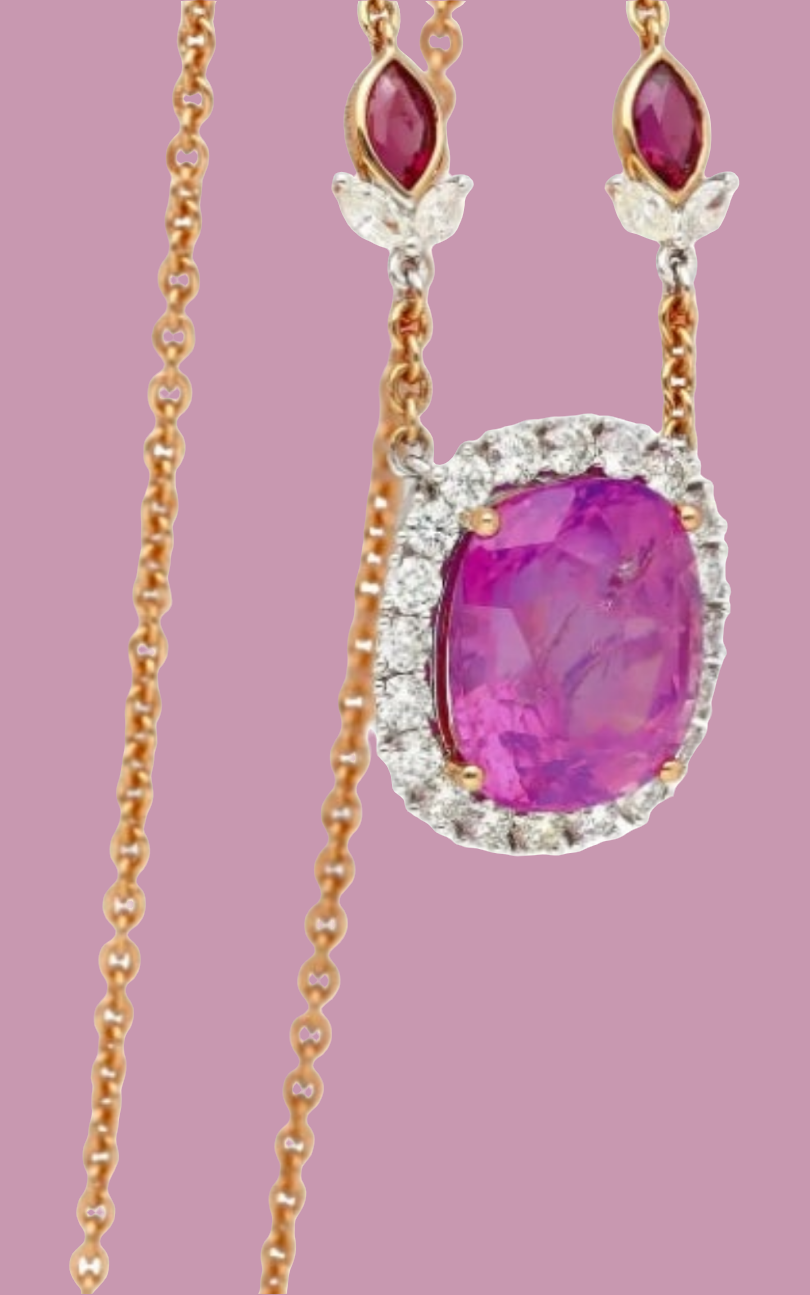 AGL Certified 10.26 Carat Cushion Cut Pink Sapphire, Ruby, & Diamond Necklace