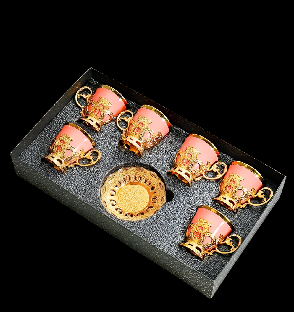 GOLD PLATED Ceramic Coffee Cup Dish Set Simple Gold Plated Mug-Pink 6 cups 6 plates