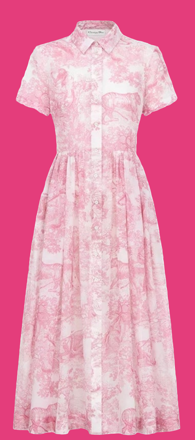 Dior Dioriviera Mid-Length Shirtdress
White Cotton Muslin with Cherry Blossom Pink Toile de Jouy Sauvage Motif