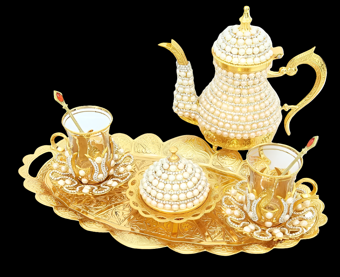 Luxurious Copper and Brass Elegant All in One Serving Set, Large Tea Pot, Decorated with Crystals and Pearls Resistant to High Temperatures (12 Pieces Serving Set)