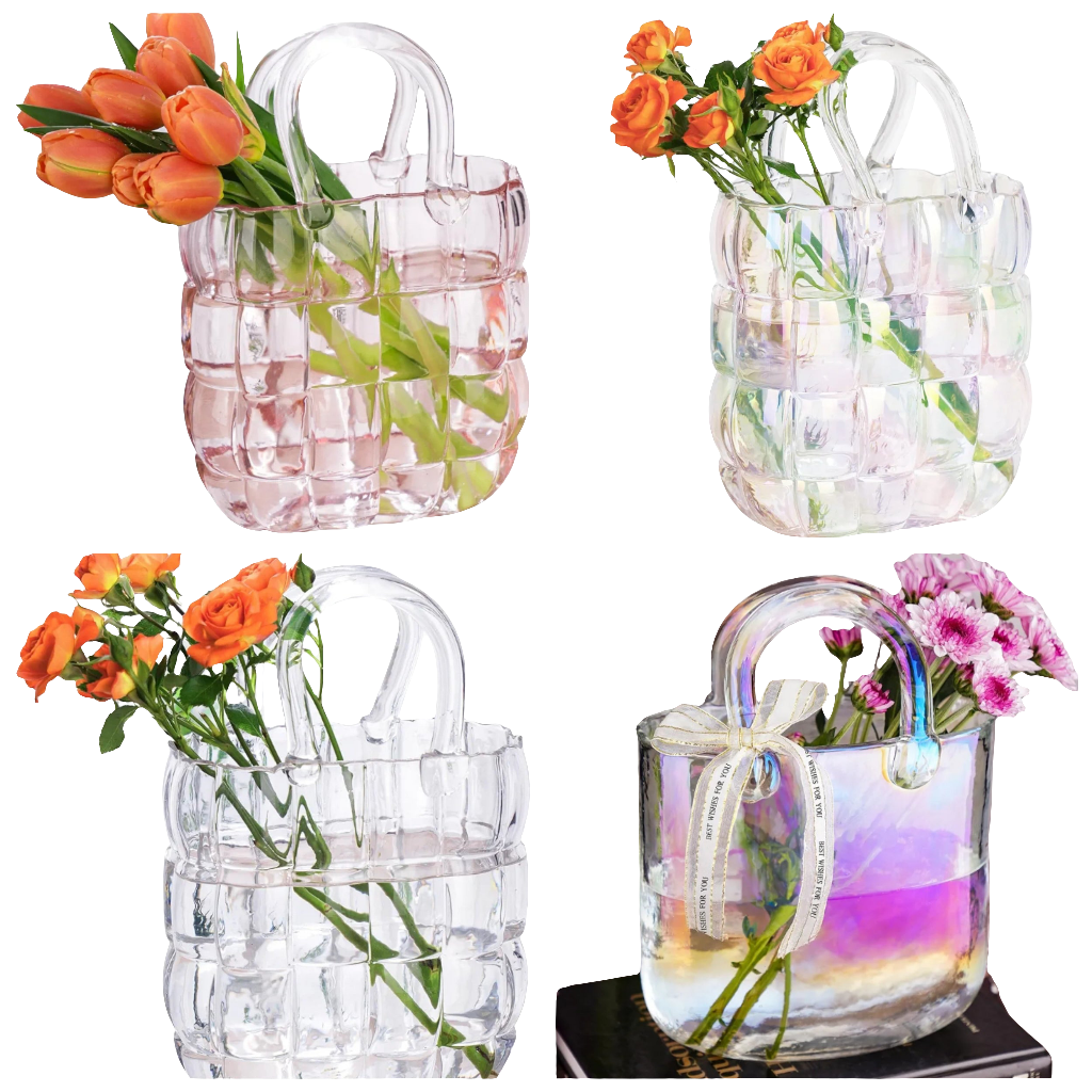 Glass Purse Vase Glass Bag Vase with Handle Handbag Shape Vase for Flowers Farmhouse Decor Handmade Wide Mouth Glass Vase for Office Home Living Room Dining Table Decor