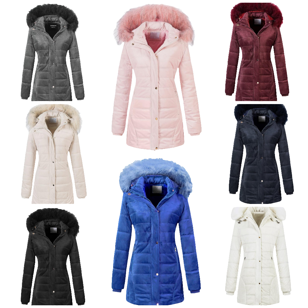 Warm Winter Coat Velvet Puffer Jacket Quilted Faux Fur Hood