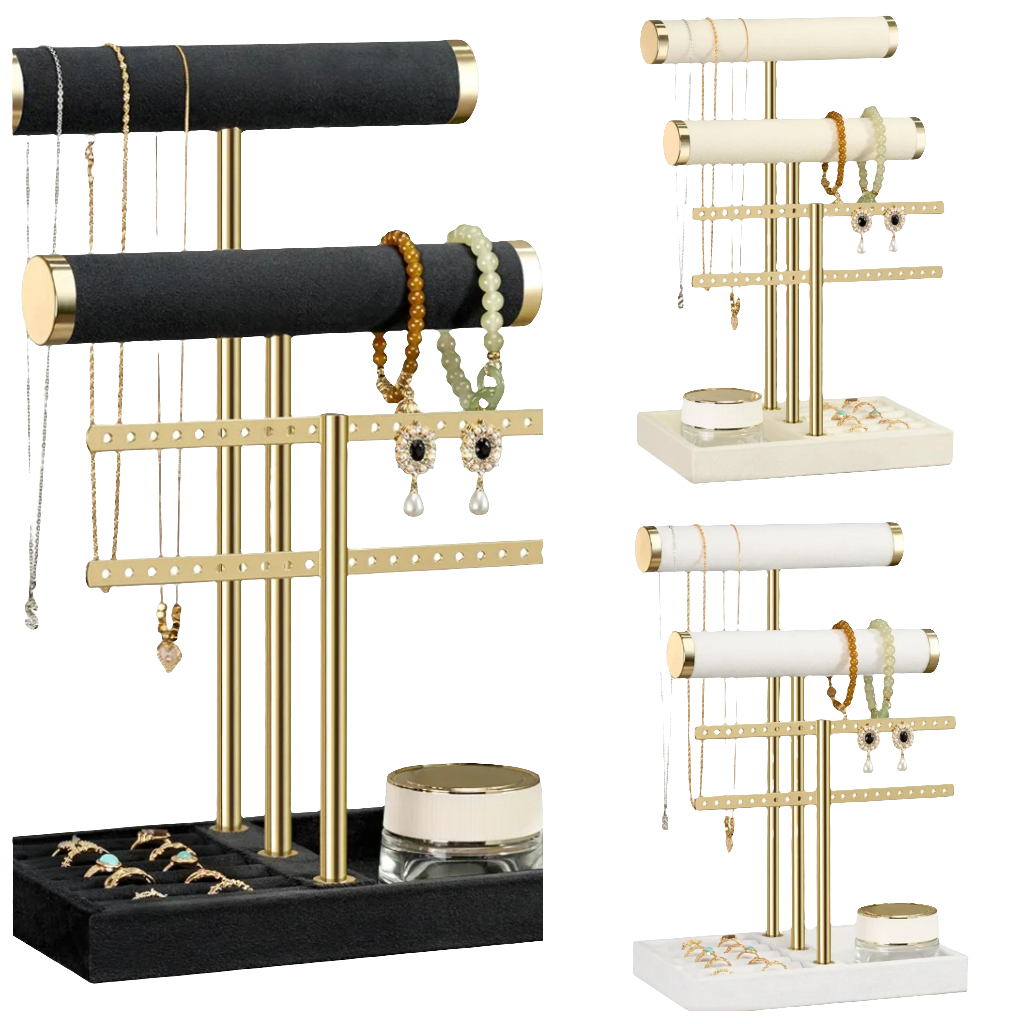 3 Tier Bracelet Holder Display - Detachable T Bar White Velvet Bracelet Holder, Jewelry Holder Organizer for Bracelet, Necklace, Earrings, Rings