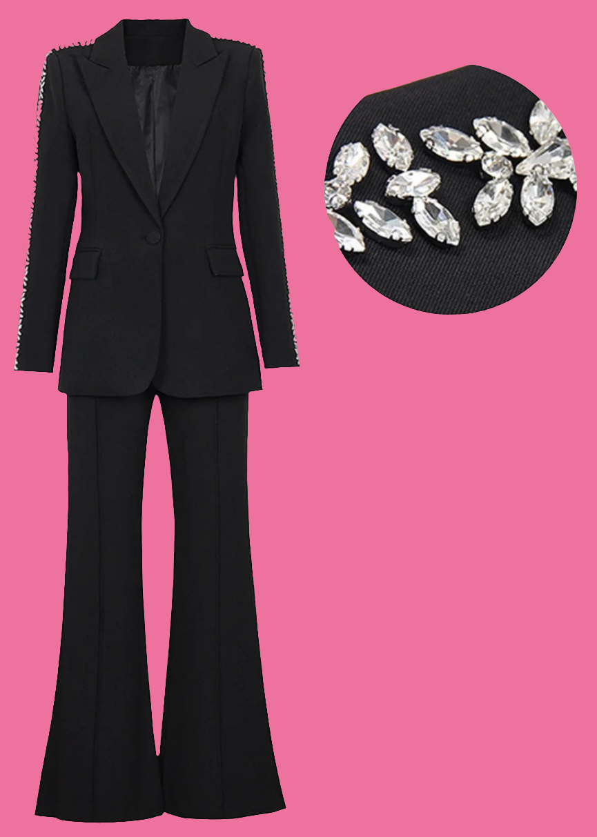 COCOMONEY Lapel Collar Rhinestone Flare Leg Two Piece Pant Set-White or Black