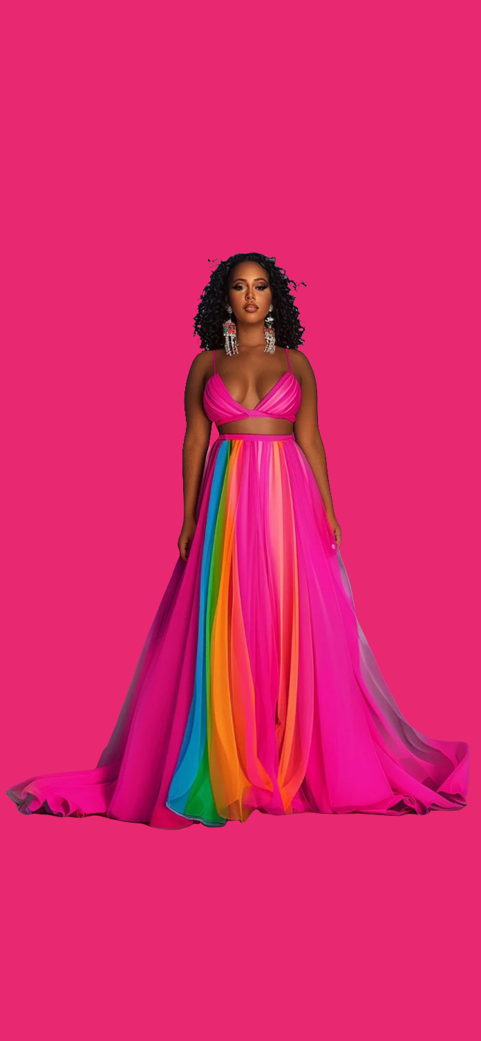 V Neck Cami Crop Top High Waist Maxi Skirt Matching Set-Fuchsia multicolor COCOMONEY