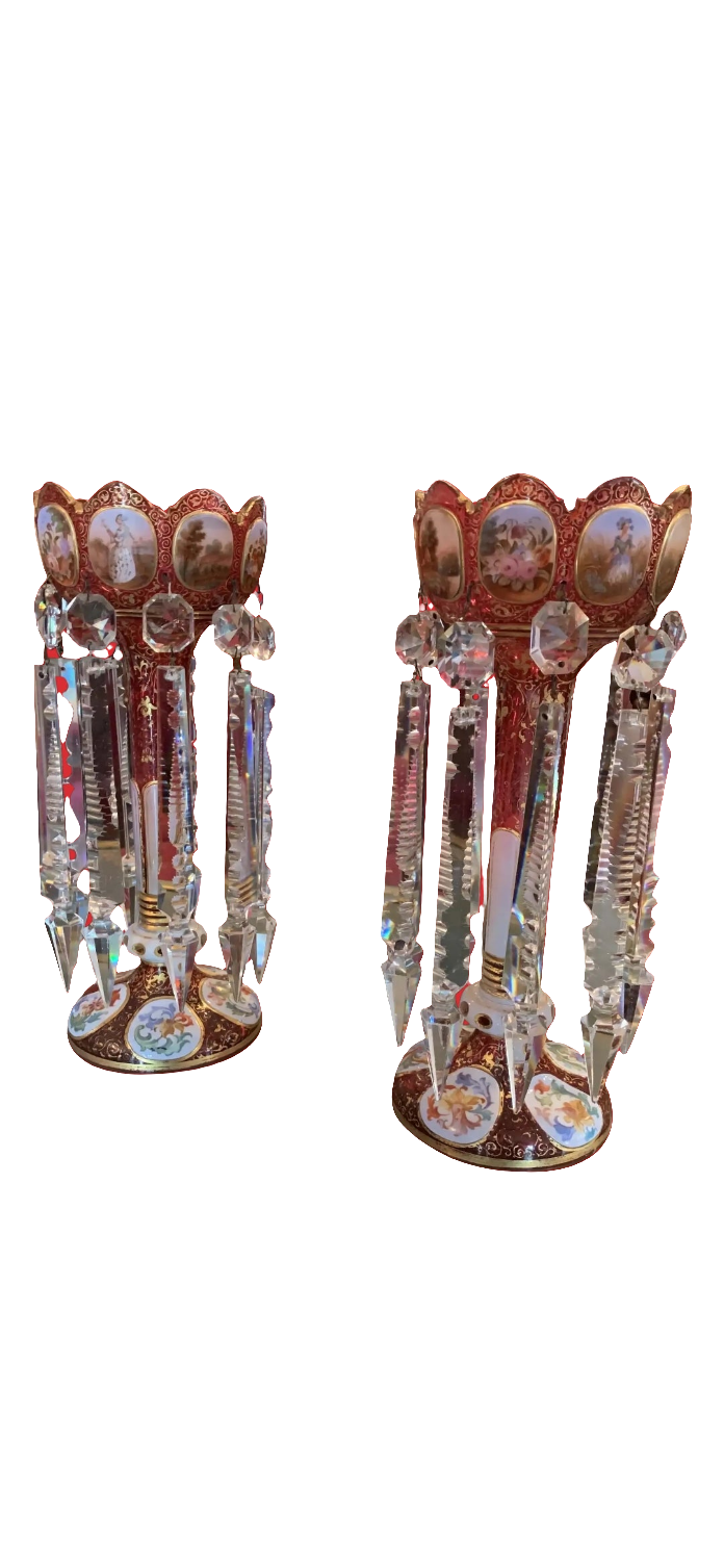 Pair of antique Moser Bohemian cranberry overlay hand painted lusters, circa 1900s cranberry glass