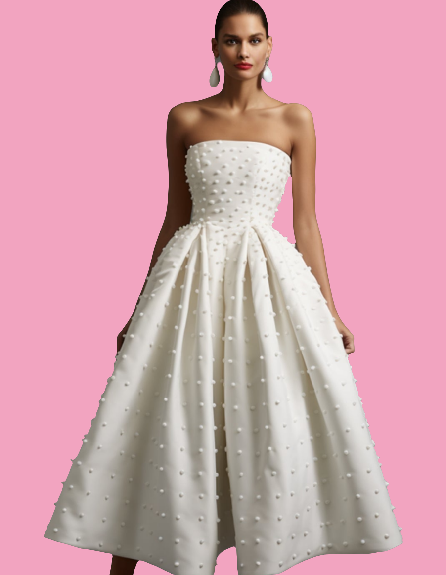 Wedding Strapless Bubble Beaded Tunic Midi Dress-White