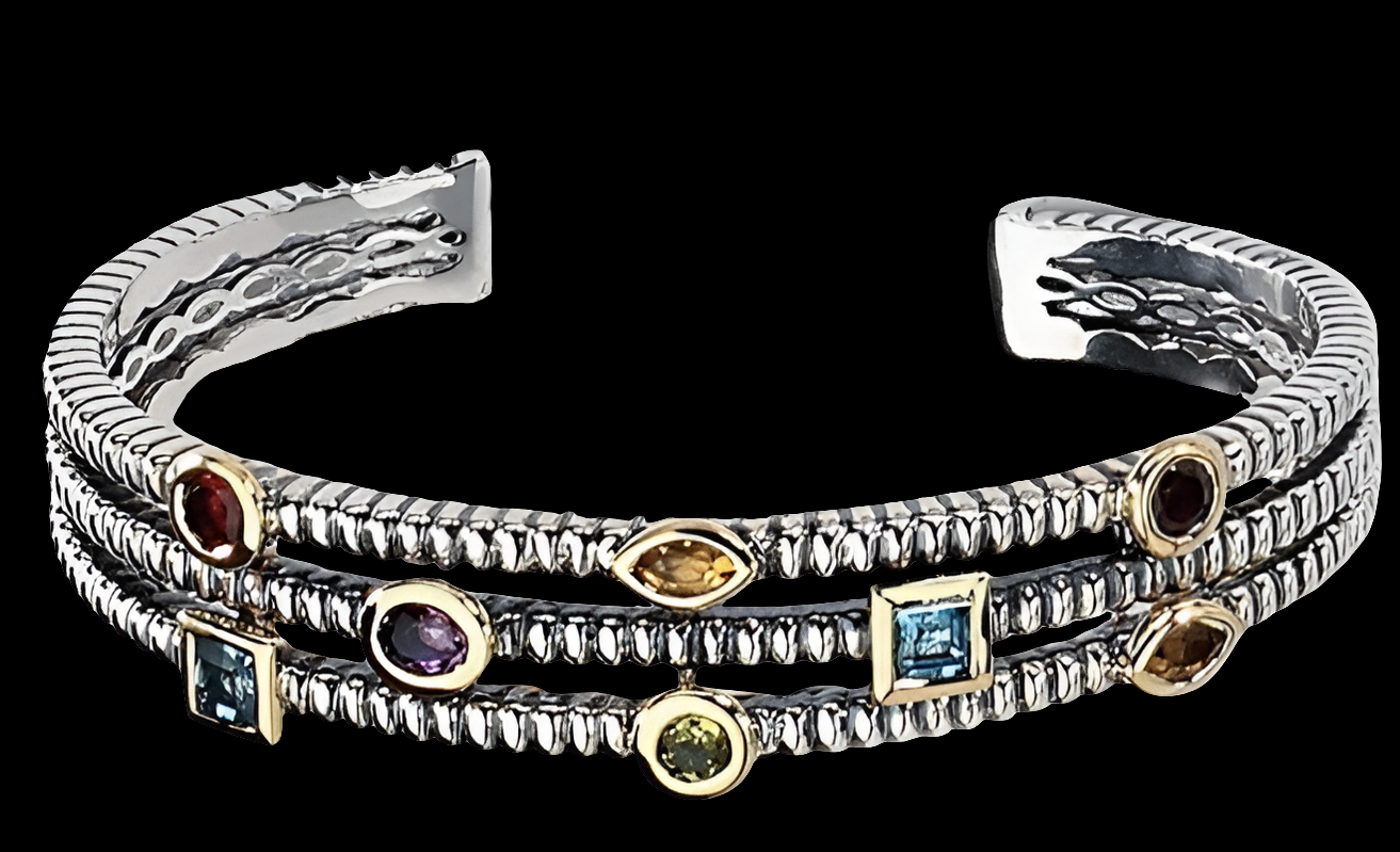 Multi-Gemstone Cuff Bracelet in Sterling Silver with 14K Gold Accents
