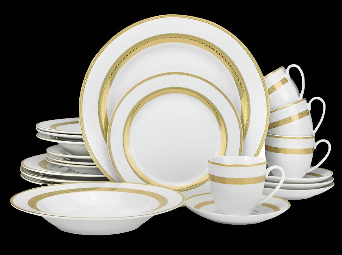 Royalty Porcelain "Queen" 20-Piece White & 24K Gold Dinnerware Set, 24K Gold-Plated Fine Porcelain, Service for 4