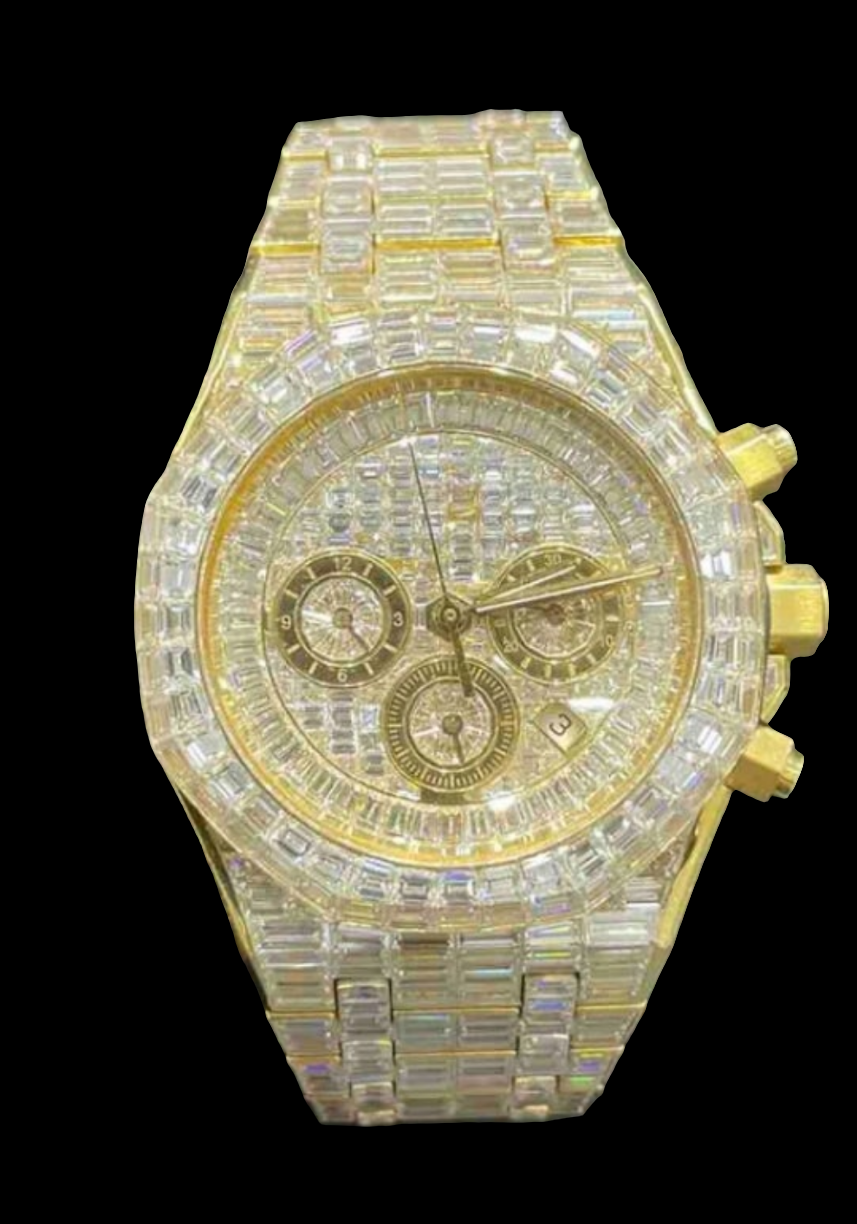 CHANDELIER ICED OUT "AP" 18K SOLID GOLD WATCH | VVS1 80 CTS T.W.