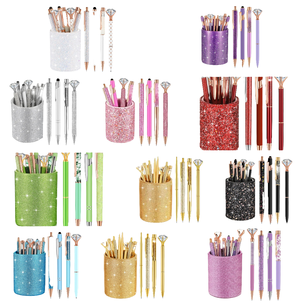8 Pcs Ballpoint Pens with Pen Holder for Desk Metal Crystal Diamond Pen Glitter Pencil Holder Fancy Pens Black Ink Bling Desk Organizer for Women Girls Office School Wedding Gifts
