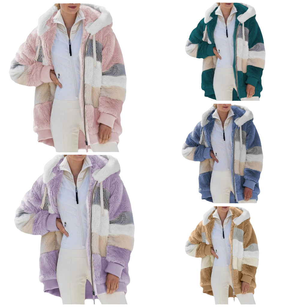 Fuzzy Fleece Jacket Hooded Color Block Patchwork Cardigan Coats Outerwear with Pockets