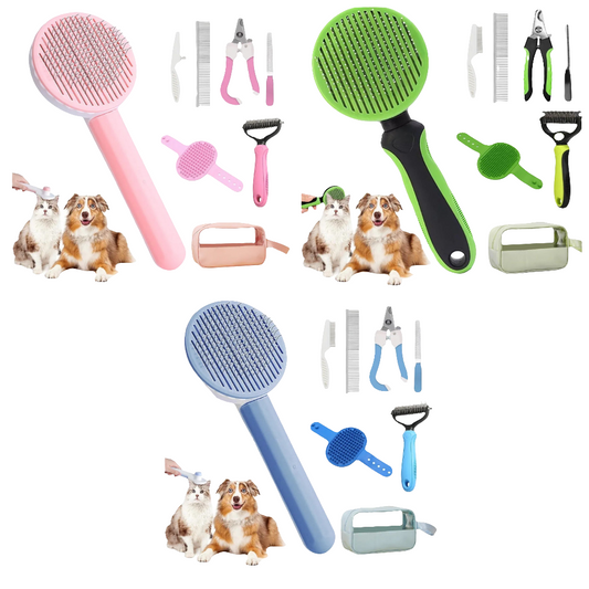 Pet Grooming Brush Kit 7pcs, Cat Brush with Release Button Comb Set for Shedding -Cat Brush&Nail Clippers File Set for Cat Dogs Long matted Haired Pets and Nail Repair