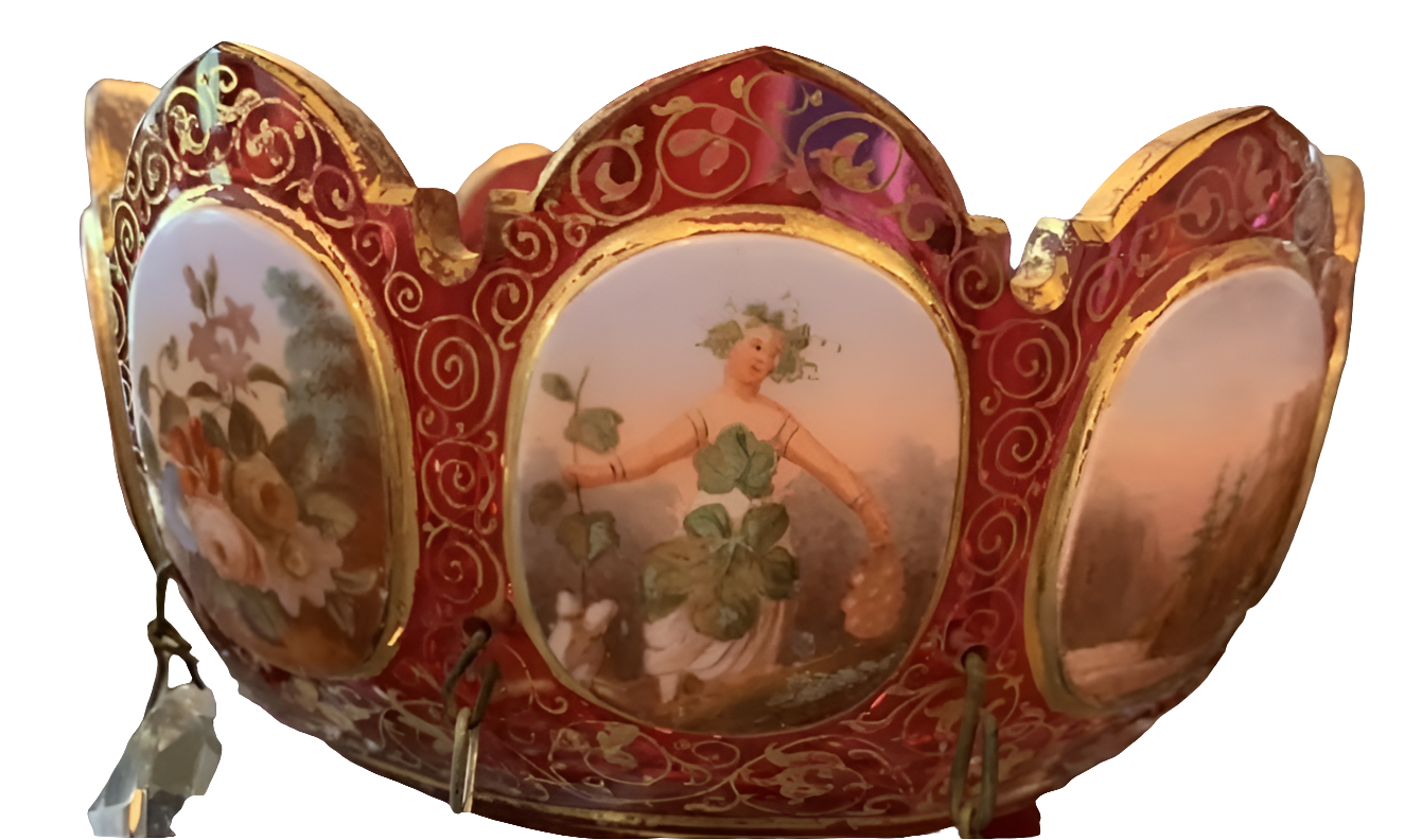 Pair of antique Moser Bohemian cranberry overlay hand painted lusters, circa 1900s cranberry glass