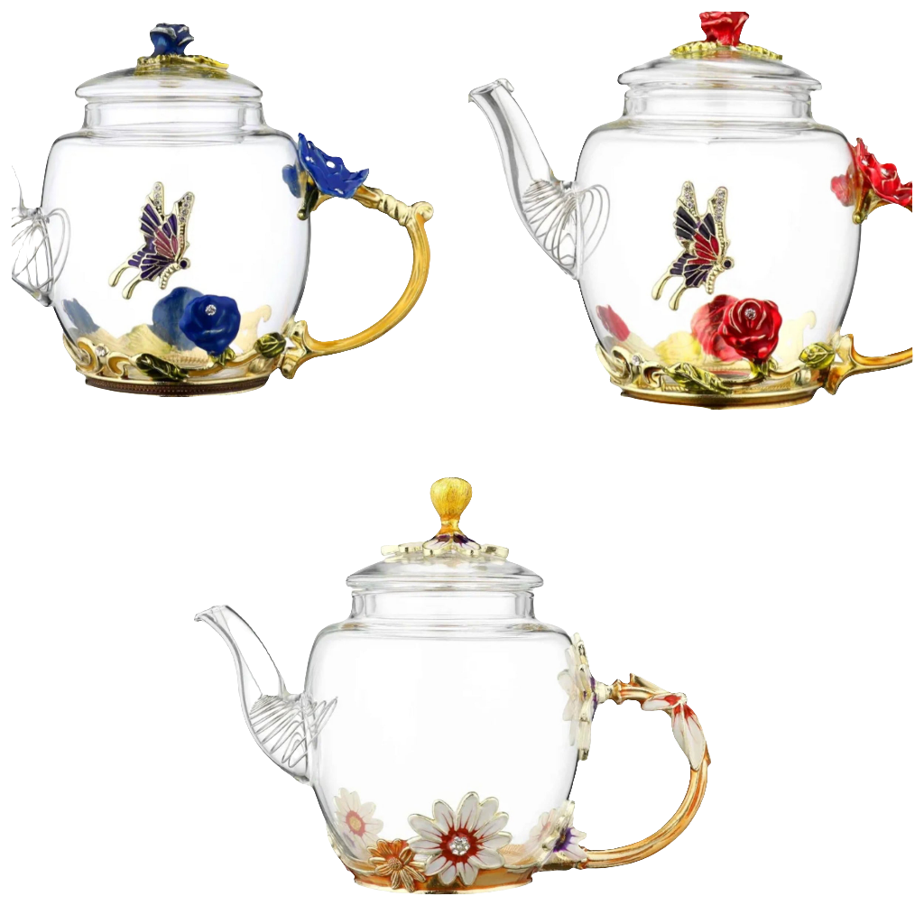 Teapot -300 ml (10 oz) - Flower Butterfly Decoration Heat Resistant Glass Teapot Kettle Loose Leaf Teapot Tea Party glass