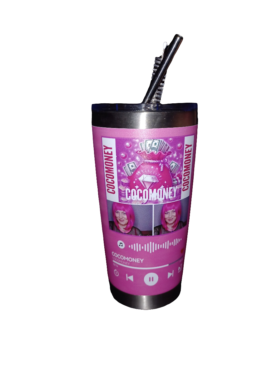 COCOMONEY 20oz pink tumbler for cold or hot drinks music play design with metal straw and straw cleaner