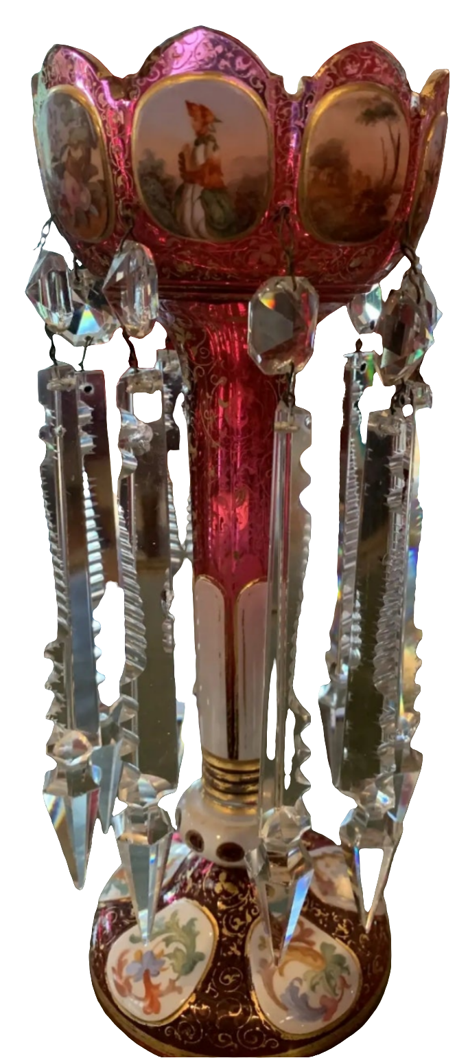 Pair of antique Moser Bohemian cranberry overlay hand painted lusters, circa 1900s cranberry glass