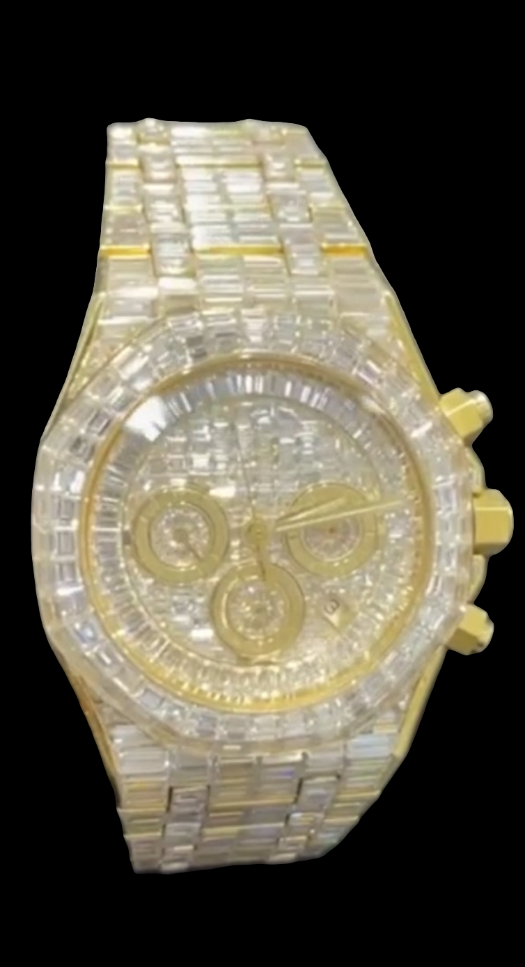 CHANDELIER ICED OUT "AP" 18K SOLID GOLD WATCH | VVS1 80 CTS T.W.