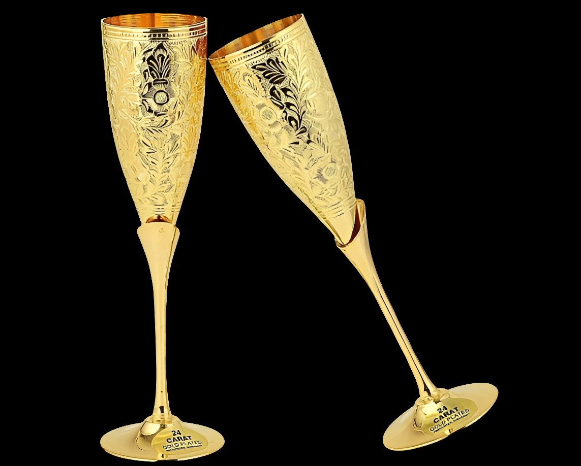 24K Gold Plated Wedding Champagne Flute for Toasting Glass Set of 2, Brass Wine Goblet Metal Chalice Engraved