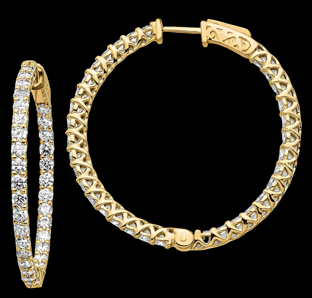 Solid 14K Gold Diamond Round Hoop w/Safety Clasp Earrings
