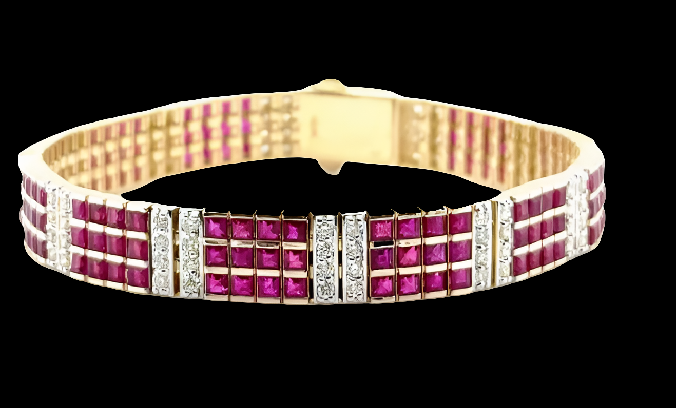 COCOMONEY Gold Ruby and Diamond Tennis Bracelet, 12.18 ct Rubies, 1.92 ct Diamonds, Buckle Closure