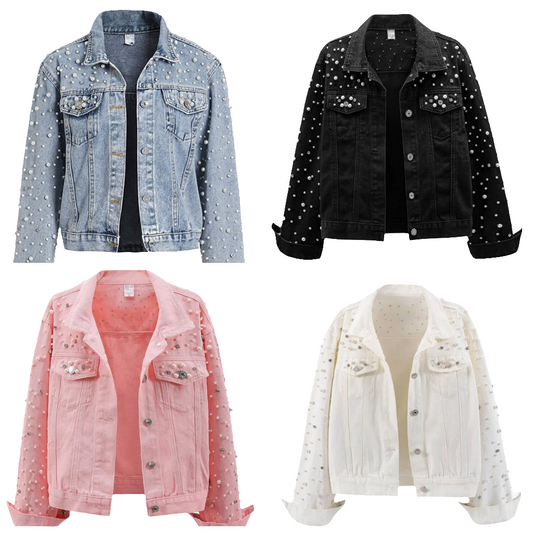 Pearls Denim Jacket Cropped Rhinestones Jean Jacket Coat