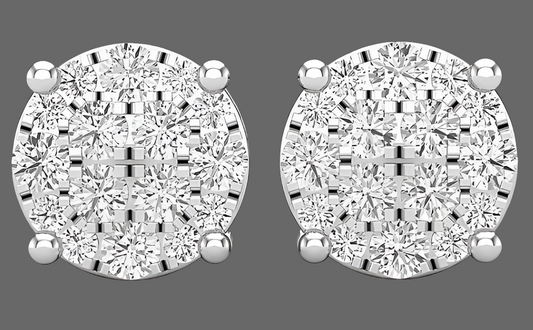 Round White Diamond Ladies Flower Cluster Stud Earrings, 926 Sterling Silver