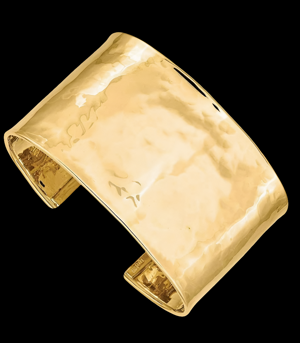 14K Yellow Gold 37mm Hammered Polished Cuff Bangle Bracelet