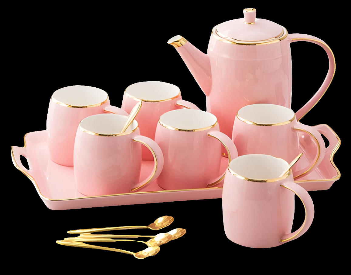 Tea Set, Porcelain Tea Set Coffee Cups Teapots Ceramics Teaset Coffee Tea Sets, 1150Ml Coffee Pot, Pink Tea Service of 6 Cups for 300Ml