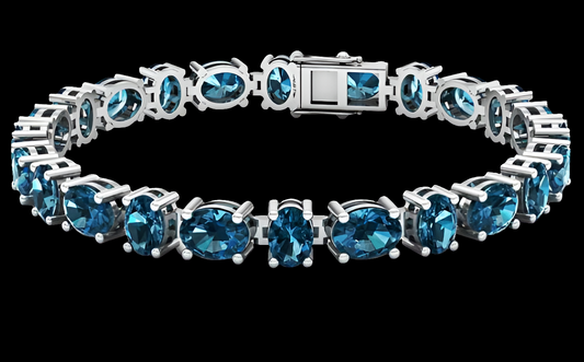 Oval Genuine Blue Topaz Ladies Tennis Bracelet, 925 Sterling Silver