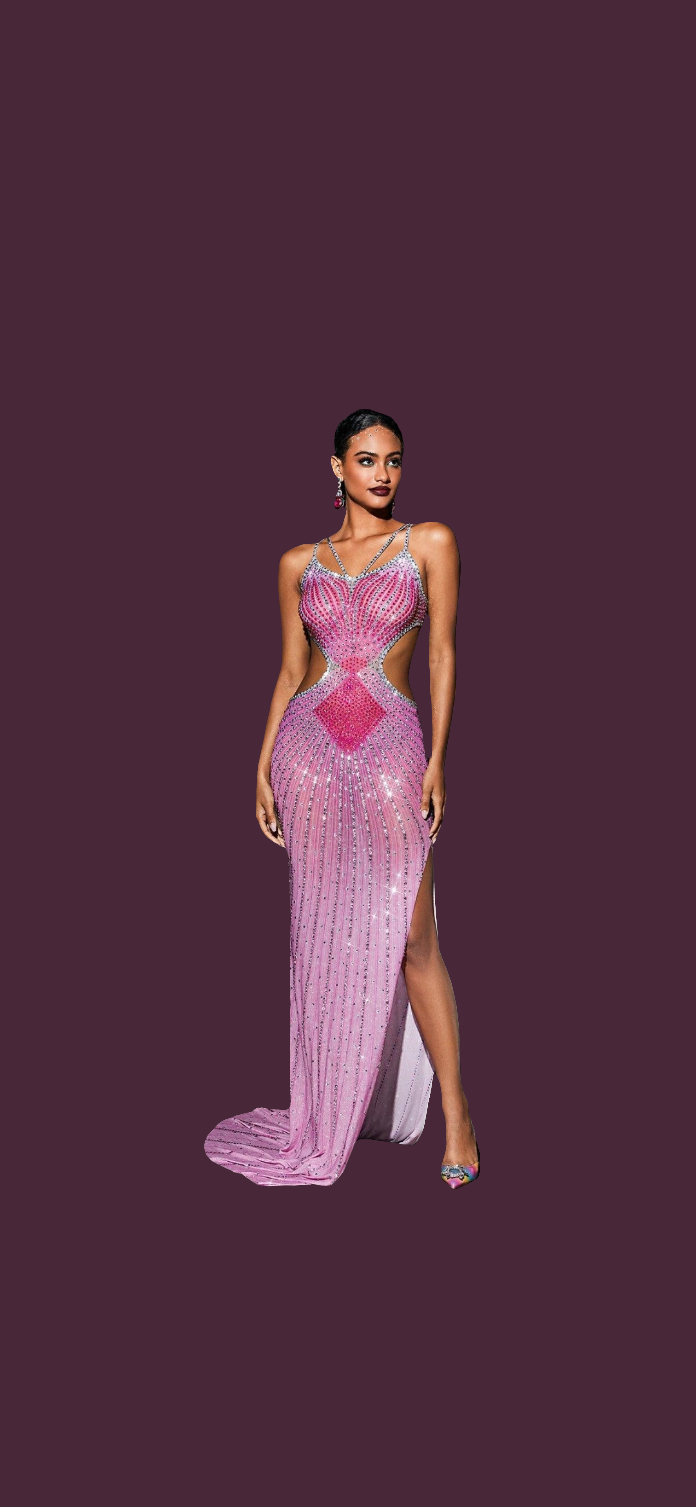 Crystal Cutout Maxi Dress In Hot Pink and Grey COCOMONEY